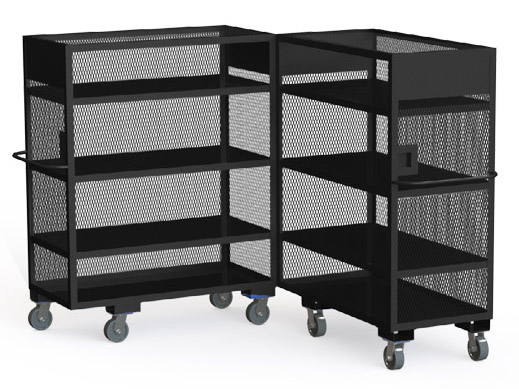 Two open-sided Fromm material handling carts with three mesh shelves each on heavy-duty casters